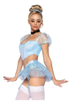 Load image into Gallery viewer, Leg Avenue Glass Slipper Cinderella Boned Sweetheart Crop Top with Organza Sleeves, Garter Panty with Shimmer Sheer Skirt, Ribbon Choker, and Matching Hair Band - Blue - XSmall - 4 Piece