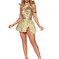 Leg Avenue Golden Angel Pleated Asymetrical Cut-Out Dress with High Slit Skirt, Matching Panties, Headband, and Mini Angel Wings