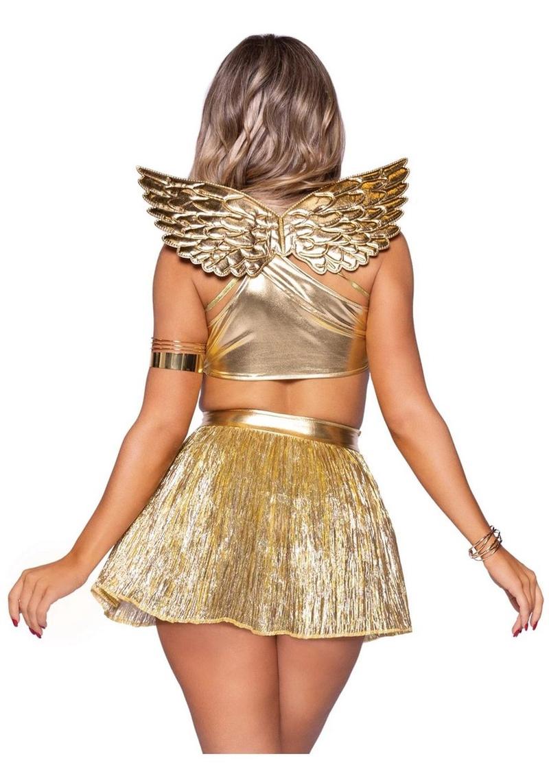 Leg Avenue Golden Angel Pleated Asymetrical Cut-Out Dress with High Slit Skirt, Matching Panties, Headband, and Mini Angel Wings