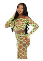 Load image into Gallery viewer, Leg Avenue Hardcore Net Crop Top and Footless Tights - Neon Green - One Size - 2 Piece
