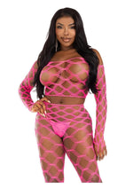 Load image into Gallery viewer, Leg Avenue Hardcore Net Crop Top and Footless Tights - Neon Pink - One Size - 2 Piece
