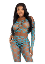 Load image into Gallery viewer, Leg Avenue Hardcore Net Crop Top and Footless Tights - Turquoise - One Size - 2 Piece
