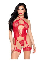 Load image into Gallery viewer, Leg Avenue Heart Halter Cami Garter and G-String Panty - Red - One Size - 2 Piece

