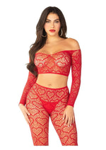 Load image into Gallery viewer, Leg Avenue Heart Net Off The Shoulder Crop Top and Footless Tights - Red - One Size - 2 Piece
