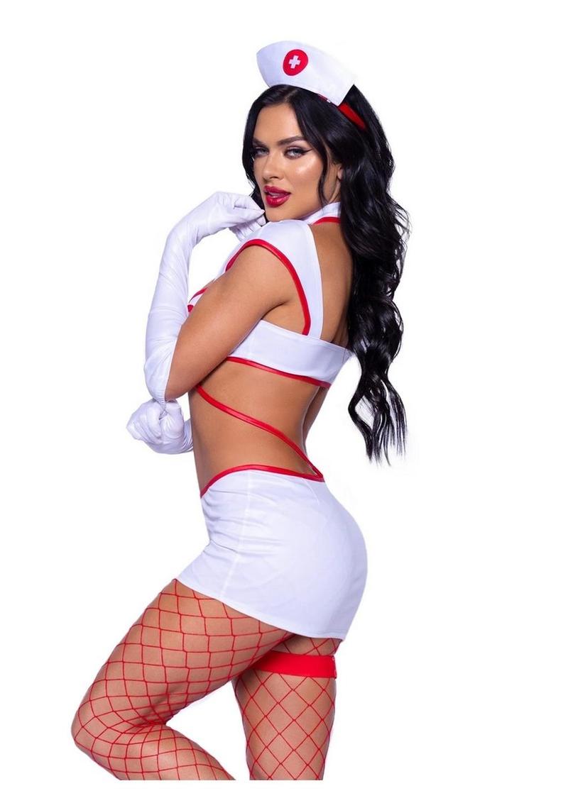 Leg Avenue Heartstopping Nurse Strappy Cut-Out Dress with Snap Detail, Gloves, Headband, and Garter - White - XSmall - 4 Piece