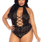 Leg Avenue High Neck Floral Lace Backless Teddy with Lace Up Accents and Crotchless Thong Panty - Black - Queen/XLarge/XXLarge