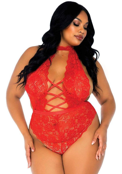 Leg Avenue High Neck Floral Lace Backless Teddy with Lace Up Accents and Crotchless Thong Panty - Red - Queen/XLarge/XXLarge