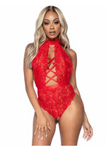 Load image into Gallery viewer, Leg Avenue High Neck Floral Lace Backless Teddy with Lace Up Accents and Crotchless Thong Panty - Red - Medium
