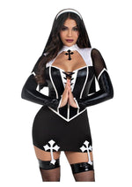 Load image into Gallery viewer, Leg Avenue Holy Hottie Set Boned Garter Dress with Cross Accents and Nun Habit - Black/White - Small - 2 Piece
