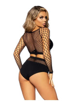 Load image into Gallery viewer, Leg Avenue Industrial Net Long Sleeved Crop Top and High Waist Full Back Opaque Bottoms - Black - One Size - 2 Piece
