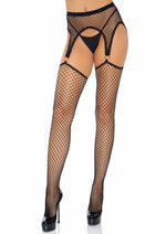 Load image into Gallery viewer, Leg Avenue Industrial Net Stockings with O-Ring Attached Garter Belt - Black - One Size
