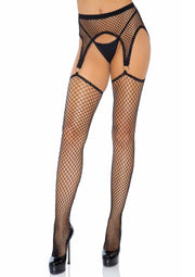 Leg Avenue Industrial Net Stockings with O-Ring Attached Garter Belt - Black - One Size