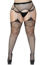 Load image into Gallery viewer, Leg Avenue Industrual Net Stocking with Dutchess Lace Top and Attached Multi-Strand Garter Belt - Black - Queen/XLarge/XXLarge
