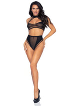 Load image into Gallery viewer, Leg Avenue Keyhole Net Halter Crop Top and High Waist Bottoms - Black - One Size - 2 Piece