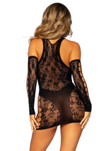 Load image into Gallery viewer, Leg Avenue Lace and Net Racer Back Mini Dress with Faux Panty Detail and Matching Gloves - Black - One Size