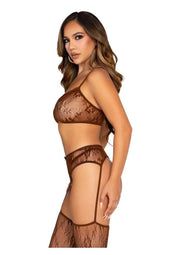 Leg Avenue Lace Bra Top with Mini Bow Detail, V-Front G-String, and Garter Belt Stockings - Cocoa - One Size