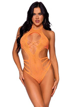Load image into Gallery viewer, Leg Avenue Lace Cut Out Strappy Bodysuit - Neon Orange/Orange - One Size
