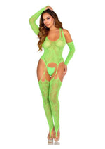 Load image into Gallery viewer, Leg Avenue Lace Halter Footless Cami Garter with Attached Toe Loop Stockings and Arm Warmers
