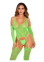 Load image into Gallery viewer, Leg Avenue Lace Halter Footless Cami Garter with Attached Toe Loop Stockings and Arm Warmers - One Size - 2 Piece
