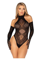 Load image into Gallery viewer, Leg Avenue Lace Halter Teddy and Matching Long Lace Gloves - Black - One Size - 2 Piece
