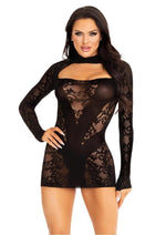 Load image into Gallery viewer, Leg Avenue Lace Keyhole Mini Dress with Opaque Panel Detailing and Gloved Sleeves - Black - One Size
