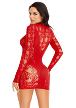 Load image into Gallery viewer, Leg Avenue Lace Keyhole Mini Dress with Opaque Panel Detailing and Gloved Sleeves - Red - One Size
