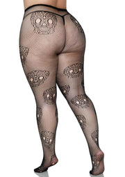 Leg Avenue Lace Skull Fishnet Tights - Black - Queen/XLarge/XXLarge