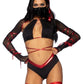 Leg Avenue Lethal Ninja Strappy Wrap-Around Bra Top with Attached Mesh Gloved Shrug, V-Cut Bottoms, Leg Wraps, Face Mask, and Matching Hair Ties - Black/Red - Large - 5 Piece