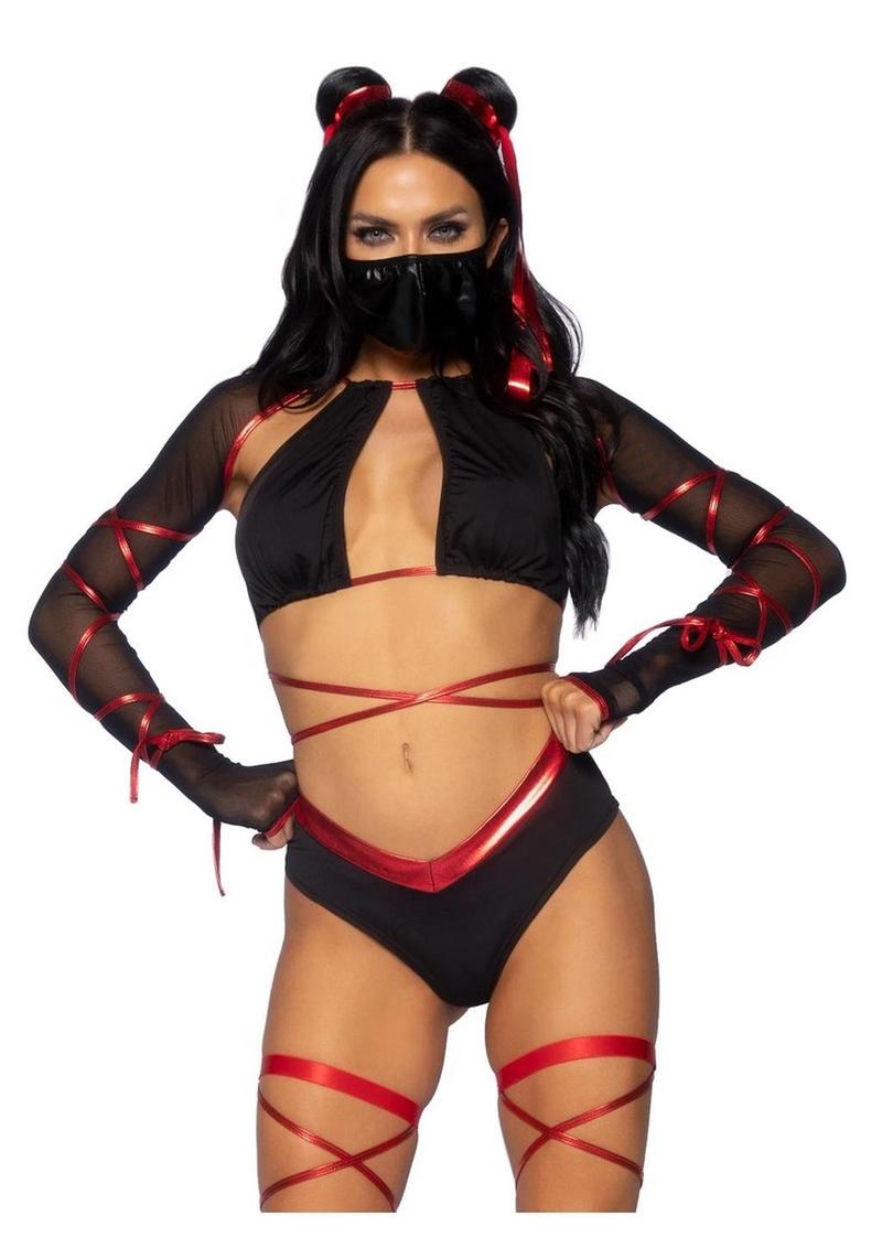 Leg Avenue Lethal Ninja Strappy Wrap-Around Bra Top with Attached Mesh Gloved Shrug, V-Cut Bottoms, Leg Wraps, Face Mask, and Matching Hair Ties - Black/Red - Small - 5 Piece