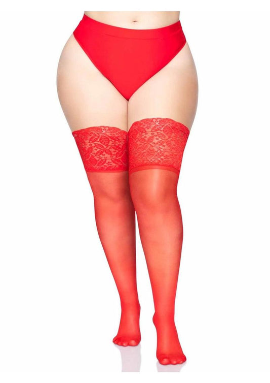 Leg Avenue Lycra Sheer Stay Up Thigh High with 5in Silicone Lace Top - Red - Plus Size/Queen