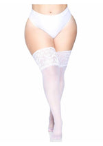 Load image into Gallery viewer, Leg Avenue Lycra Sheer Stay Up Thigh High with 5in Silicone Lace Top - White - Plus Size/Queen

