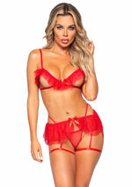 Load image into Gallery viewer, Leg Avenue Mesh Ruffle Bra, G-String and Dual Strap Garter Belt - Red - One Size - 3 Piece