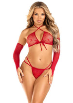 Load image into Gallery viewer, Leg Avenue Mini Heart Net Keyhole Crossover Crop Top, Dual Strap G-String, and Gauntlet Gloves - Red - One Size