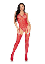 Load image into Gallery viewer, Leg Avenue Mini Heart Trimmed Heart Net Teddy with Attached Stockings
