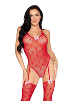 Load image into Gallery viewer, Leg Avenue Mini Heart Trimmed Heart Net Teddy with Attached Stockings - Red - One Size
