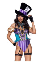 Load image into Gallery viewer, Leg Avenue Mischievous Mad Hatter Garter Bodysuit with Strappy Deep-V and Puff Sleeves, Bow Collar, and Mad Hatter Hat - Multicolor - XSmall - 3 Piece