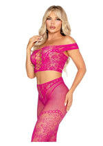 Load image into Gallery viewer, Leg Avenue Net and Lace Off-The-Shoulder Crop Top and Footless Tights - Magenta - One Size - 2 Piece
