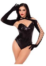 Load image into Gallery viewer, Leg Avenue Net and Opaque Cross-Over Halter Gloved Shrug - Black - One Size

