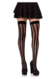Leg Avenue Net and Opaque Striped Thigh Highs - Black - One Size