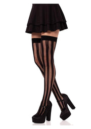 Leg Avenue Net and Opaque Striped Thigh Highs - Black - One Size
