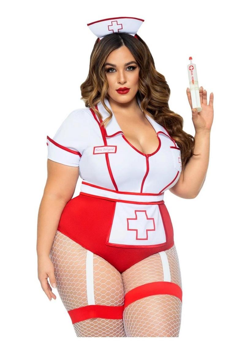 Leg Avenue Nurse Feelgood Snap Crotch Garter Bodysuit with Attached Apron and Hat Headband - Red/White - Queen/XLarge/XXLarge - 2 Piece