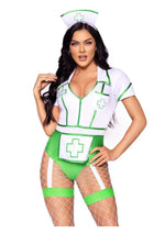 Load image into Gallery viewer, Leg Avenue Nurse Feelgood Snap Crotch Garter Bodysuit with Attached Apron and Hat Headband - Green/White - Small - 2 Piece
