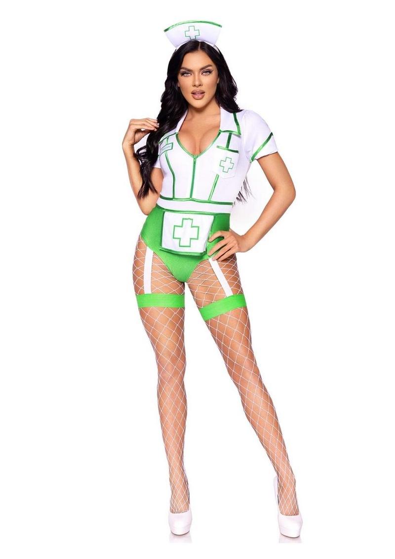 Leg Avenue Nurse Feelgood Snap Crotch Garter Bodysuit with Attached Apron and Hat Headband