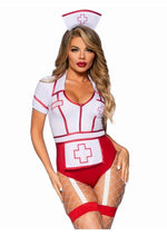 Load image into Gallery viewer, Leg Avenue Nurse Feelgood Snap Crotch Garter Bodysuit with Attached Apron and Hat Headband - Red/White - Small - 2 Piece