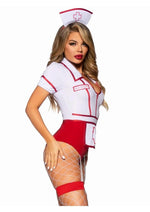 Load image into Gallery viewer, Leg Avenue Nurse Feelgood Snap Crotch Garter Bodysuit with Attached Apron and Hat Headband - Red/White - Small - 2 Piece