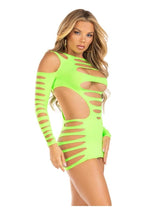 Load image into Gallery viewer, Leg Avenue Opaque Shredded Cut-Out Mini Dress - Neon Green - One Size
