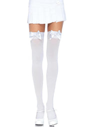 Leg Avenue Opaque Thigh Highs with Satin Bow Accent - Red/White - One Size