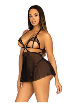 Load image into Gallery viewer, Leg Avenue Open Cup Eyelash Lace and Mesh Babydoll with Heart Ring Accent and Matching Panty - Black - Small
