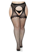 Load image into Gallery viewer, Leg Avenue Oval Net Suspender Hose with Opaque Top - Black - Queen/XLarge/XXLarge
