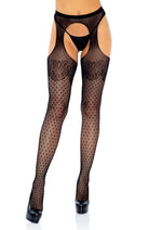 Load image into Gallery viewer, Leg Avenue Polka Dot Fishnet Suspender Hose with Lace Top and Cuban Heel - Black - One Size